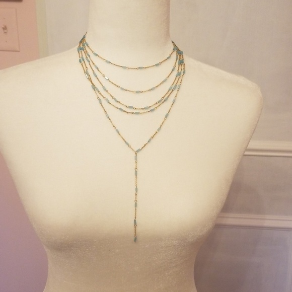 Multistrand blue bead & gold chain necklace - Picture 2 of 4